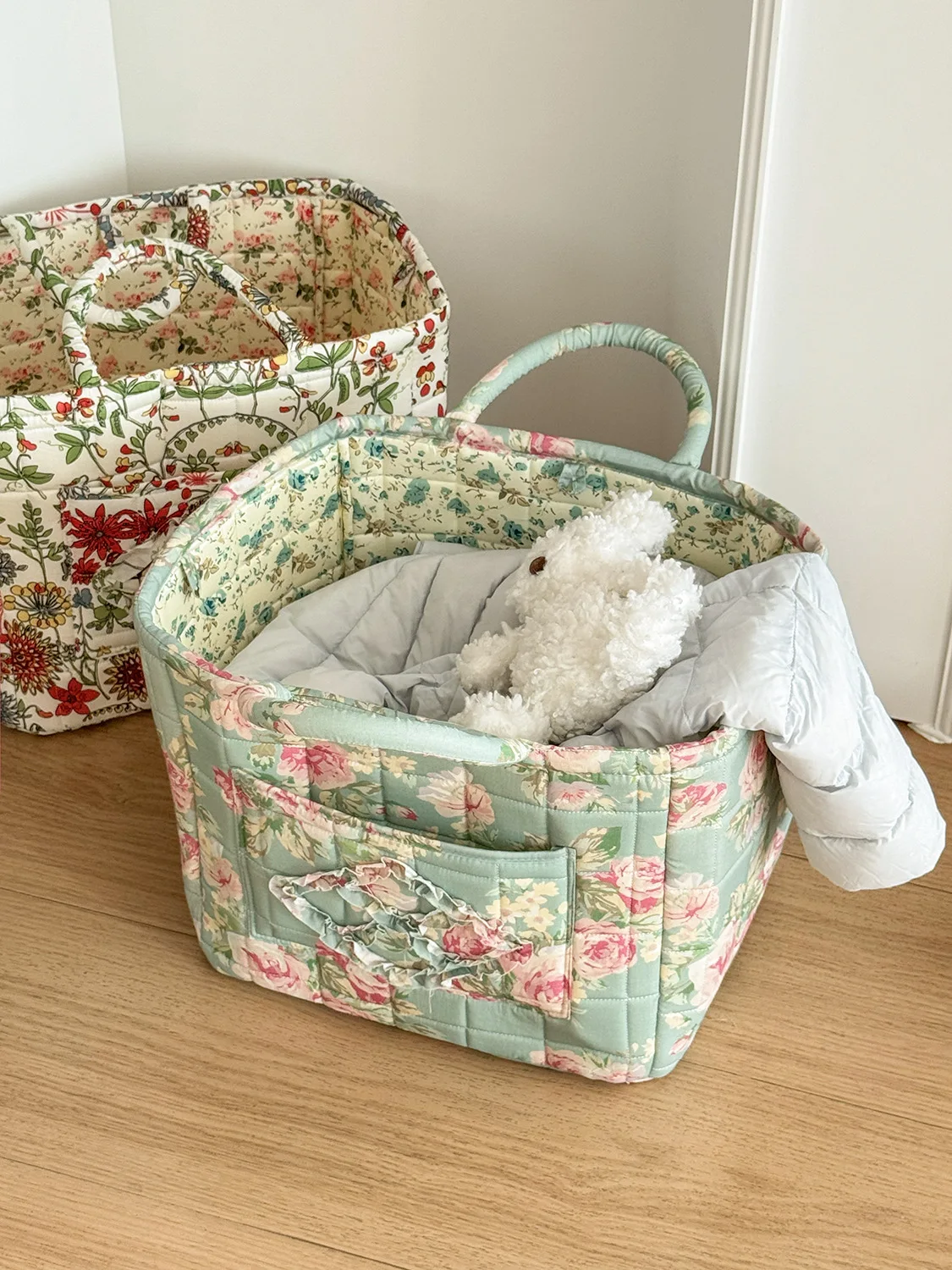Large Flower Series Storage Basket, High-value Lightweight Storage, Pastoral Style Foldable Handheld Storage Basket for Clothes