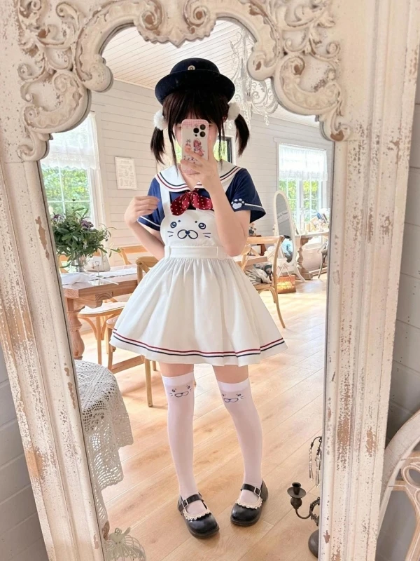 الصيف كلية Sle الحلو الياقة البحرية البولكا نقطة طباعة عقدة ort Sve أعلى مع حزام Cinching الخصر ort تنورة... #5