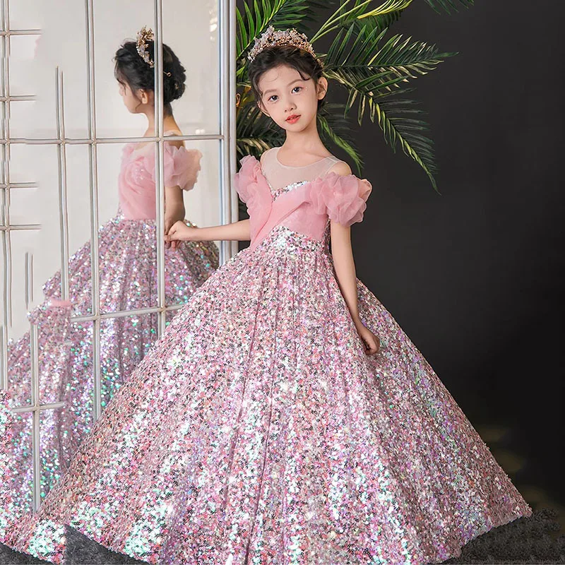 New Girls' Dress Pink Sequin 2025 New Style Elegant Children's Princess Dress for Fashion Show Model Piano Performance