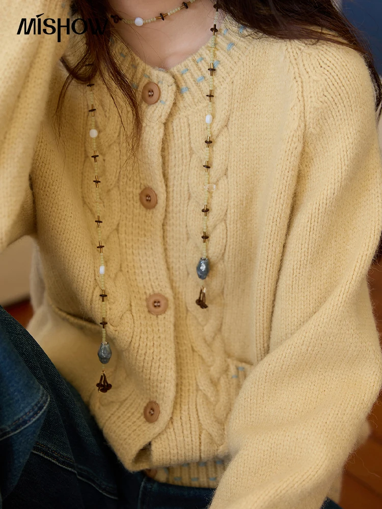 MISHOW Women's Cardigan 2025 Autumn Winter Yellow Cable Knit Cardigan Hand-Drawstring Design Commuter Short Jacket MXE47Z2566