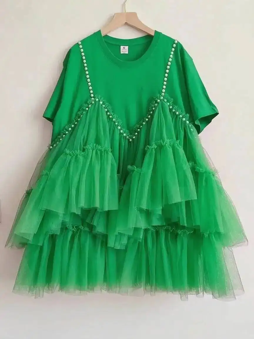 ewq shirt dresses EWQ] Sweet Chic Female Ball Gown Dress Short Sleeve Embroidered Flares  Spliced Mesh Women T-shirt Dresses 2026 Summer New O6601