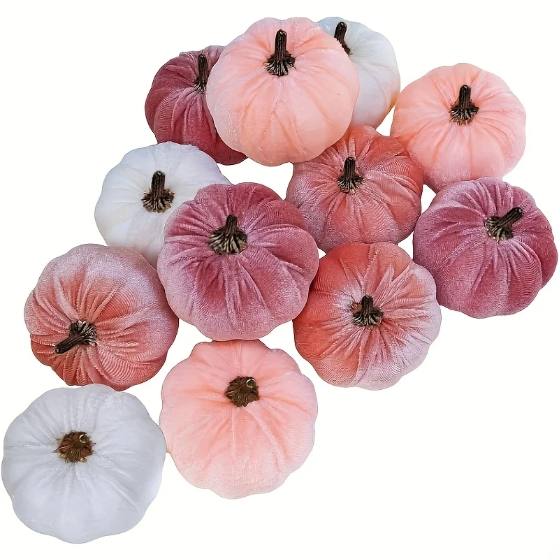 1 Juego de 12 decoraciones de calabaza para Halloween y Acción de Gracias, calabazas festivas de tela color crema melocotón rosa para bodas de otoño