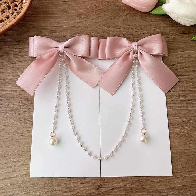 Sweet Princess Style Pink Pearls Chain Bow Hair Clip Women Children\'s Cute Back Head Hairpins Hair Clips Girls Hair Accessories