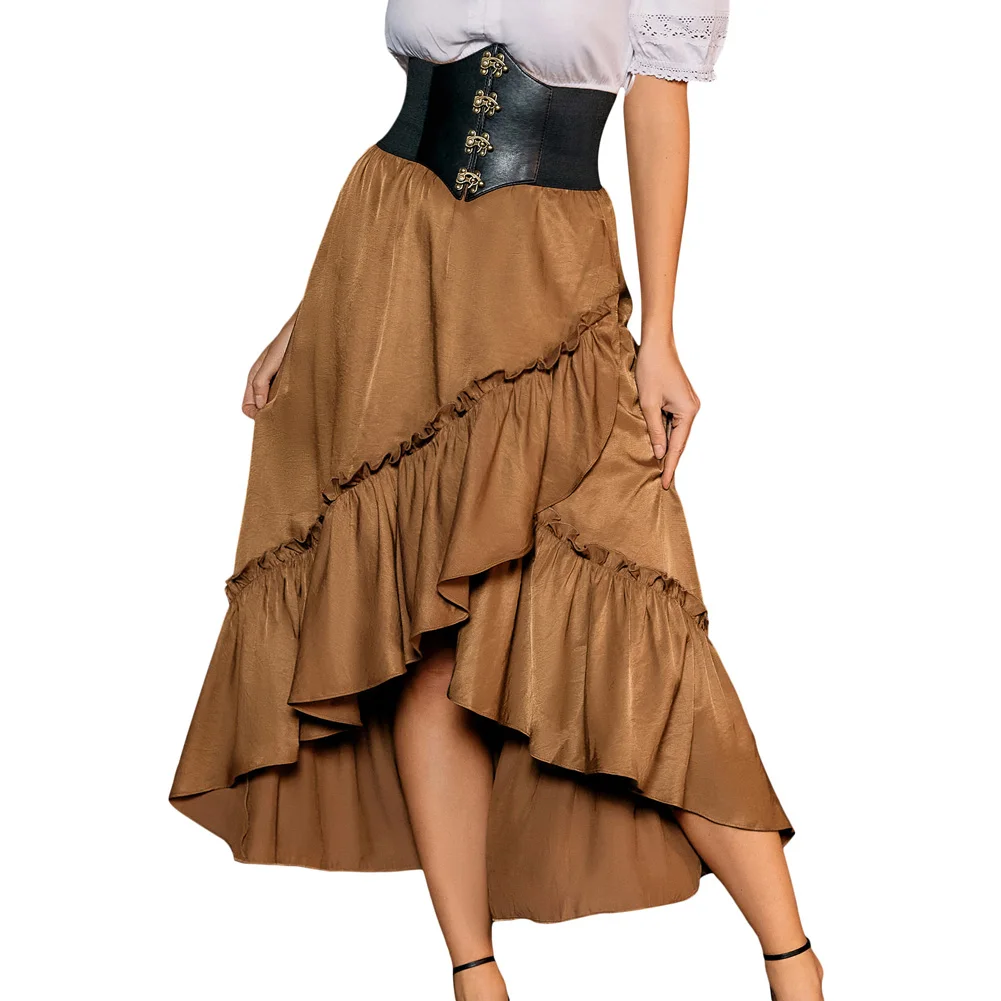 SD Women Skirt Vintage Renaissance Ruffled High-Lo Elastic High Waist Ruffled Hem Swing Skirt Elastic Holiday Clothing