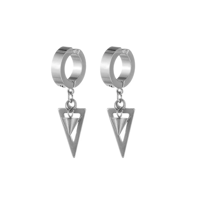 Unisex Stainless Steel Punk Man Black Clip on Earrings Geometry Triangle Star Pendant Dangle Earrings Women Gothic Jewelry