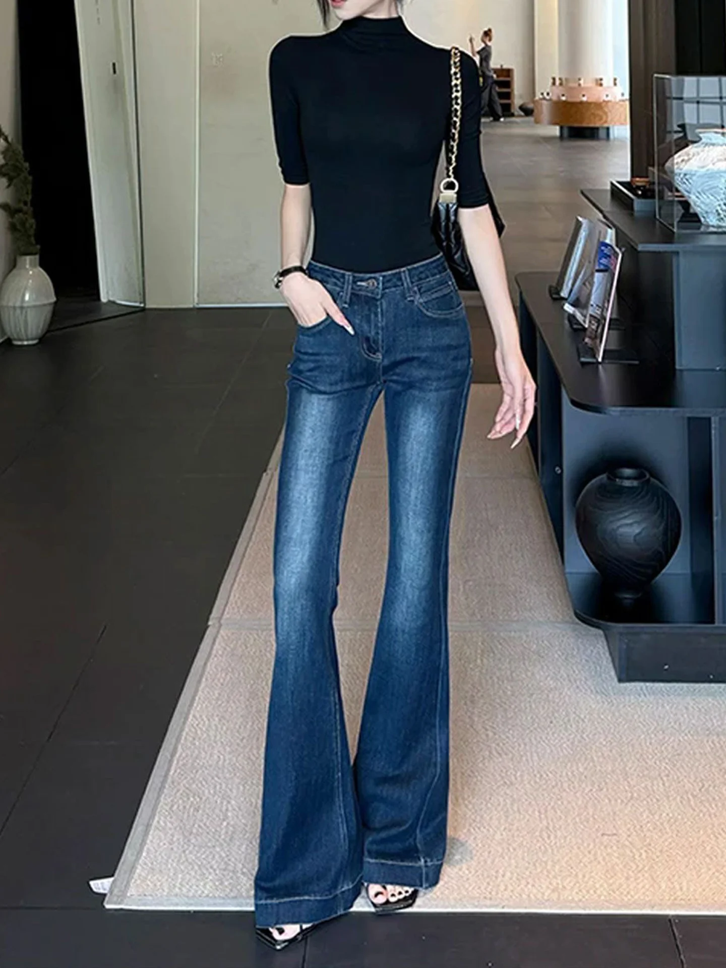 

Американский дизайн, джинсы-клеш с высокой талией, женские, летние, новые, облегающие, с эффектом похудения, длиной в пол, повседневные, дышащие