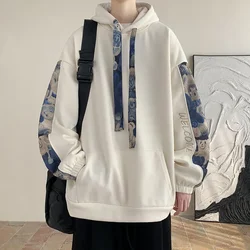 Koreański styl Streetwear bluza męska z kapturem modne projekt haftu boczne luźna bluza z kapturem Casual bluza ze ściąganym kapturem