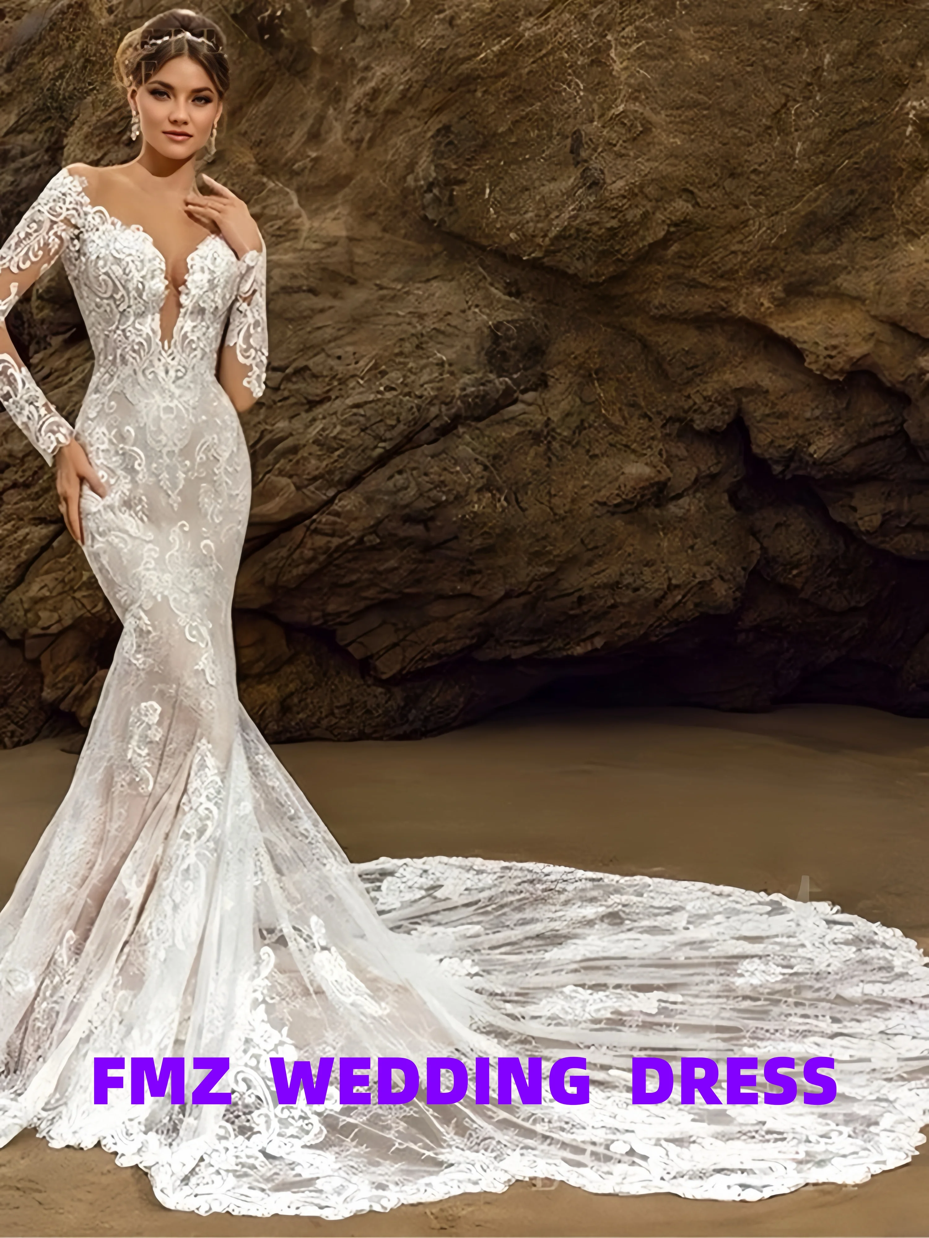 

Customized Long Sleeve Lace Brides Dresses for Women Scoop Neck Wedding Dress With Chapel Train Mermaid Wedding Party Gown Vest