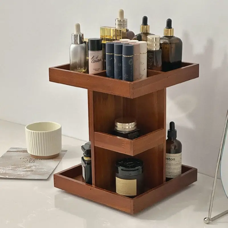 

Vintage rotating table storage shelf Solid wood dresser bedroom desktop Cosmetics skin care lipstick perfume finishing box shelf