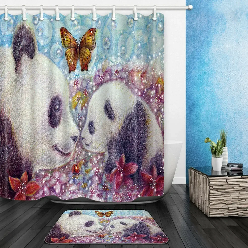 Panda mother and child Shower Curtain Polyester Art Bathroom Decor & 12hooks