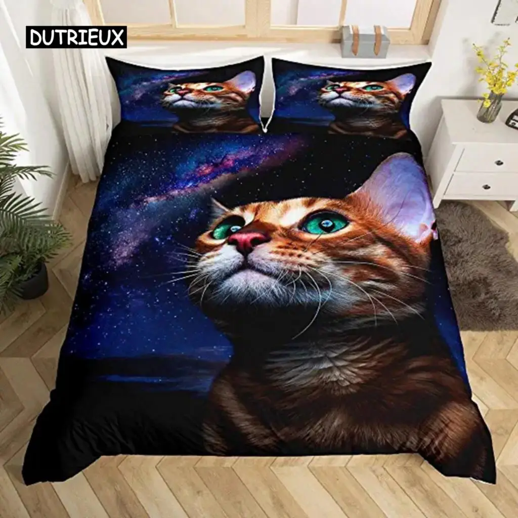 

Duvet Cover Galaxy Cats For Women Children 3D Cats Bedding Set Cute Animal Theme Comforter Cover Galaxy Microfiber Quilt Cover