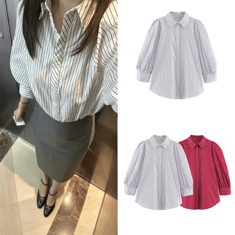 Guobioziy Women's Top 2026 Spring/Summer New Fashion Casual Comfortable Turn-down Collar Puff Three-Quarter Sleeve Striped Shirt