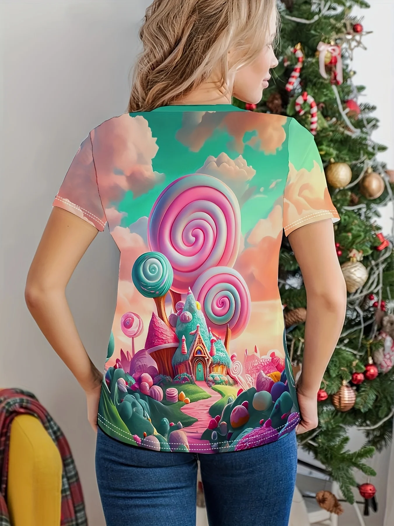Women's T-shirt Fantasy Candy Castle Lollipop Sky Print Crew Neck Short Sleeve Loose Fit Sweet Dreamy Casual Daily women Tops