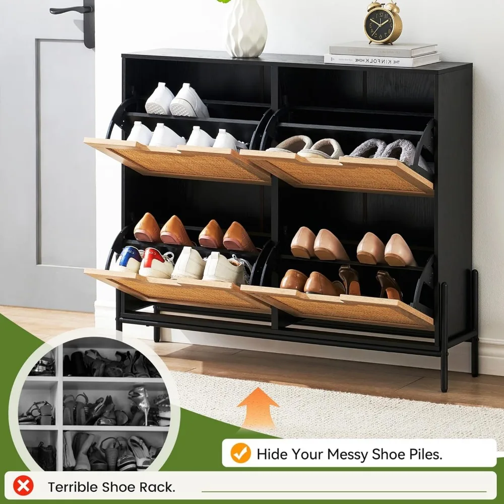 Natural Rattan 4 Clamshell Door Shoe Rack Storage Cabinet with 3 Levels of Adjustable Shelves