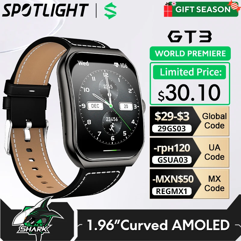 [World Premiere]Global Version BLACKSHARK GT3 Smart Watch 1.96\'\' Curved Amoled Display Support Bluetooth Call 100+ Sport Modes