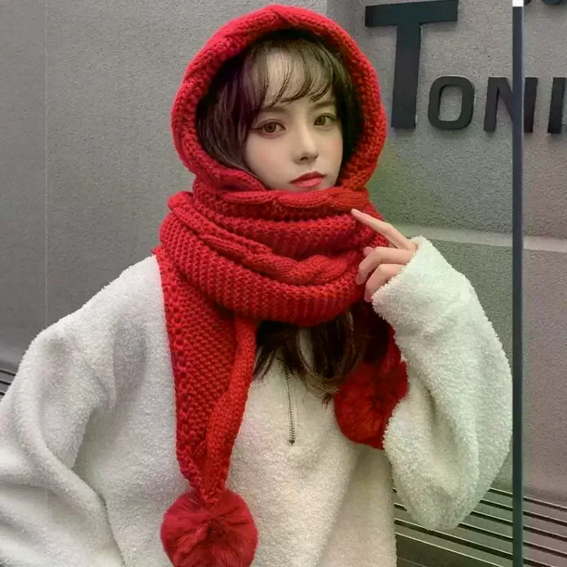 سميكة محبوك قبعة صوفية مقنعين وشاح قبعة حماية الأذن قبعات دافئة قبعة الشتاء ووشاح كومبو للنساء