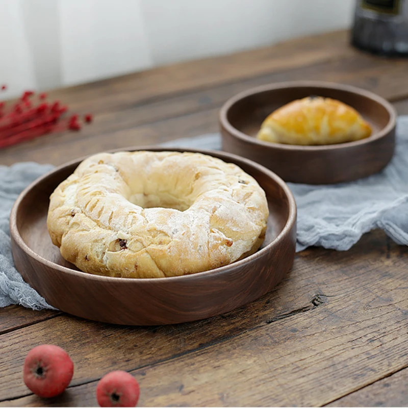 Walnut Dessert Plate Round Wooden Tray Japanese Tableware for Stacking and Serving Kitchen Organizer