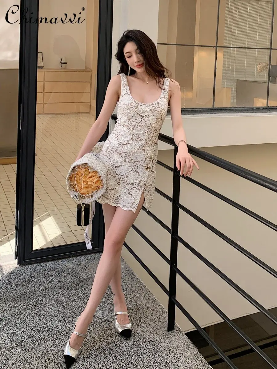 

Fashion Temperament Round Neck Sleeveless Sexy Backless High Waist Split Slim-Fitting Short Lace Vest Dress Women Summer 2024