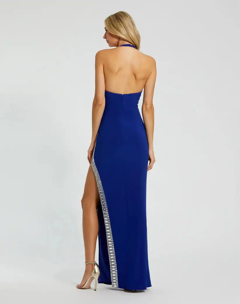 Customized Sexy Jersey Pleat Rhinestone Straight Halter Long Dresses Bespoke Occasion Dresses Sizes Available High quality Retro