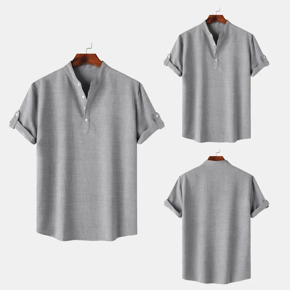 Men Daily Top Stylish Men's Summer Shirt with Stand Collar Cufflink Detail Slim Fit Design for Casual or Business Wear Men