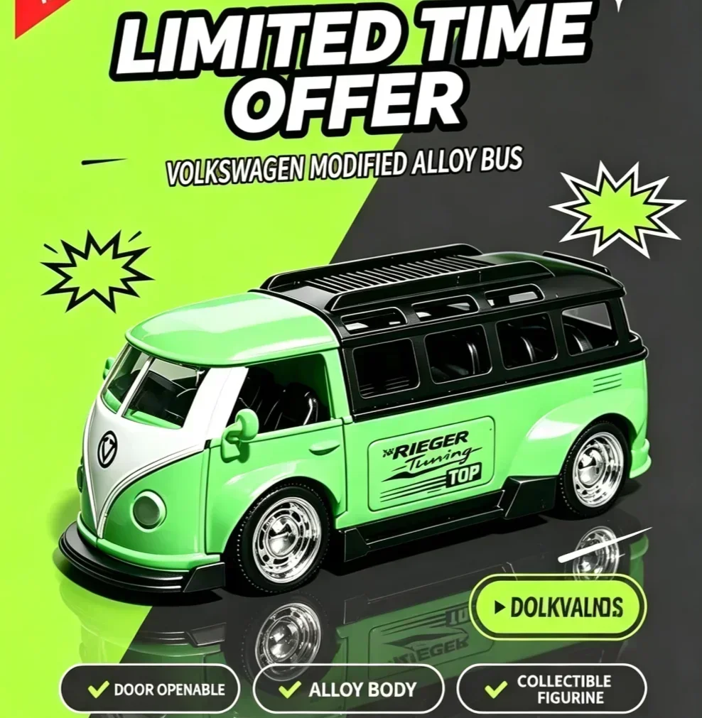 Nuevo modelo de coche de metal fundido a presión de aleación, escala 1:36, autobús T1 modificado, coche de colección para aficionados, adorno para el hogar, regalo de alta calidad, regalo de Navidad.