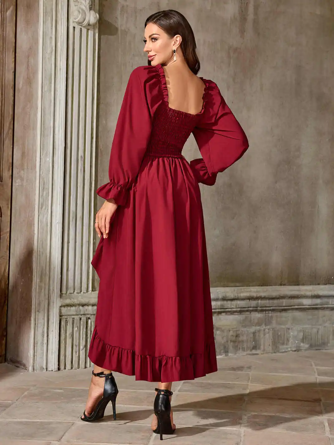 Renaissance Medieval Dress Women Ren Faire Dress, Long Sleeve Ruffle Midi Dress, Square Neck with Smocked Bodice