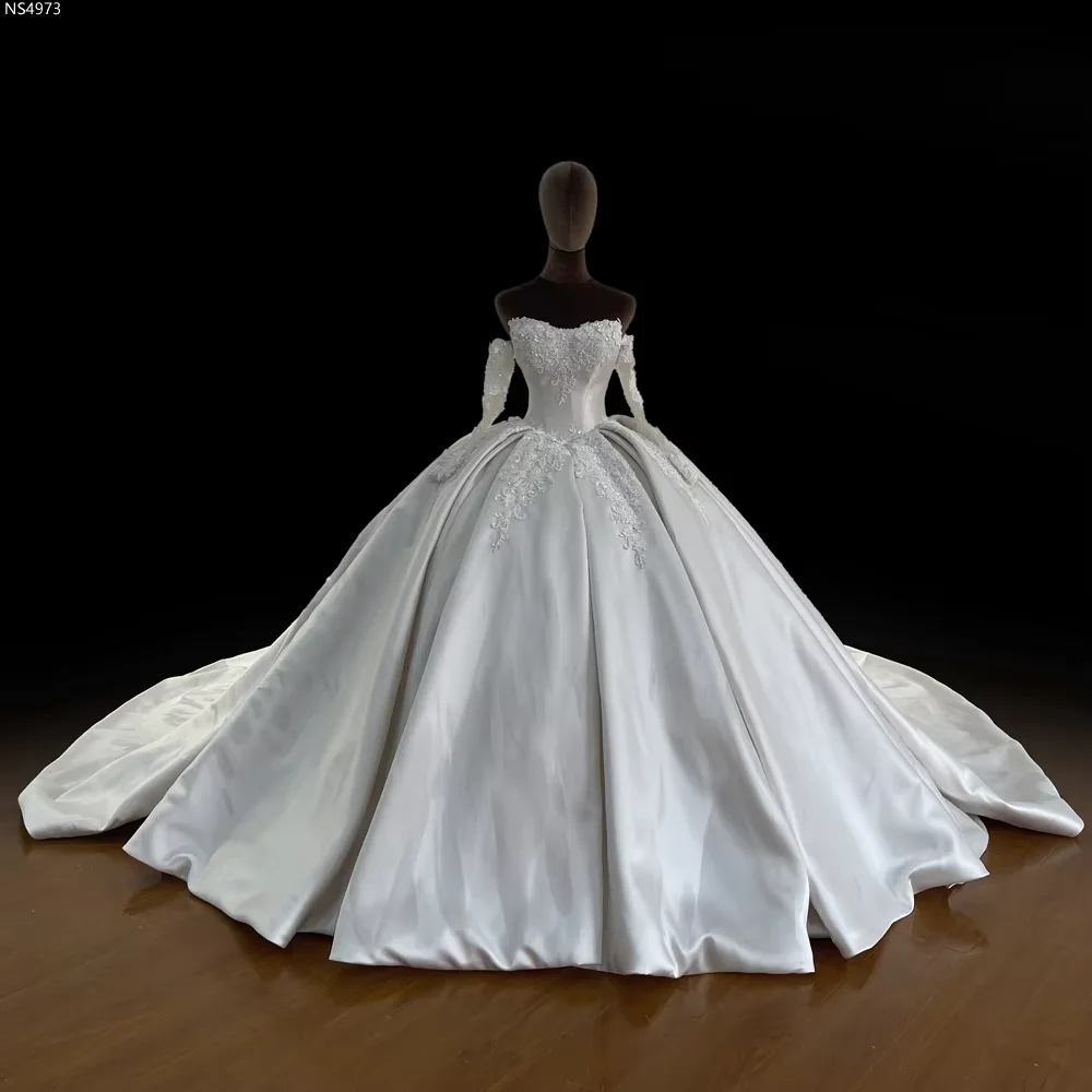 Customized Luxury Off Shoulder Wedding Dress Long Sleeve Lace Bridal Gown Beaded Sparkle Wedding Dress With Vestido De Novia