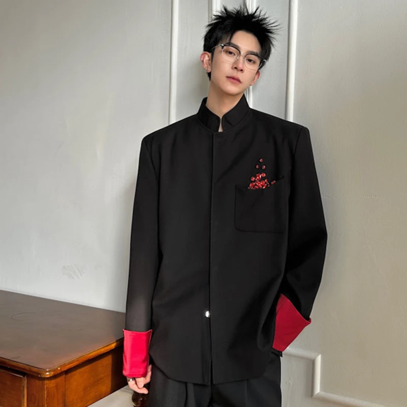 WTHT Trendy 2026 Summer Men's Spliced Diamond Contrast Color Coats Fashion Chinese Style Stand Collar Jackets Male 2A3077