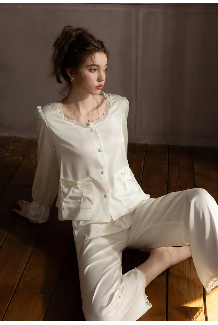 Winsleter-Sexy Women 2 Piece Pajamas Set, Lace Patchwork, French Sweet Bow Long Sleeve Sleep Homewear, 2026 Spring New S62944CC