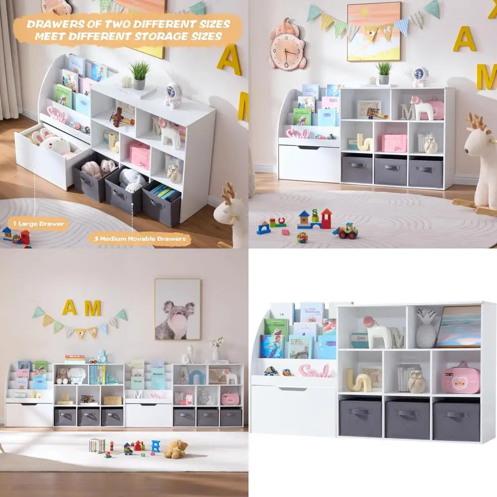 

2-Pack 58.5 Kids Bookshelf and Toy Storage Organizer with Removable Chests & 3 Bins, Multipurpose White Storage for Playroom, Be