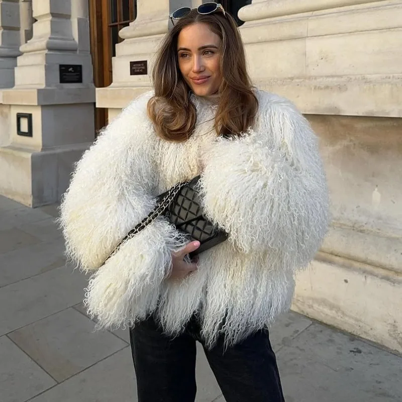 Talenza Female Fluffy Faux Fox Fur Jacket Overcoat Winter Loose Luxury Long Sleeve High Waist Patchwork Coat Women Outwear 2025