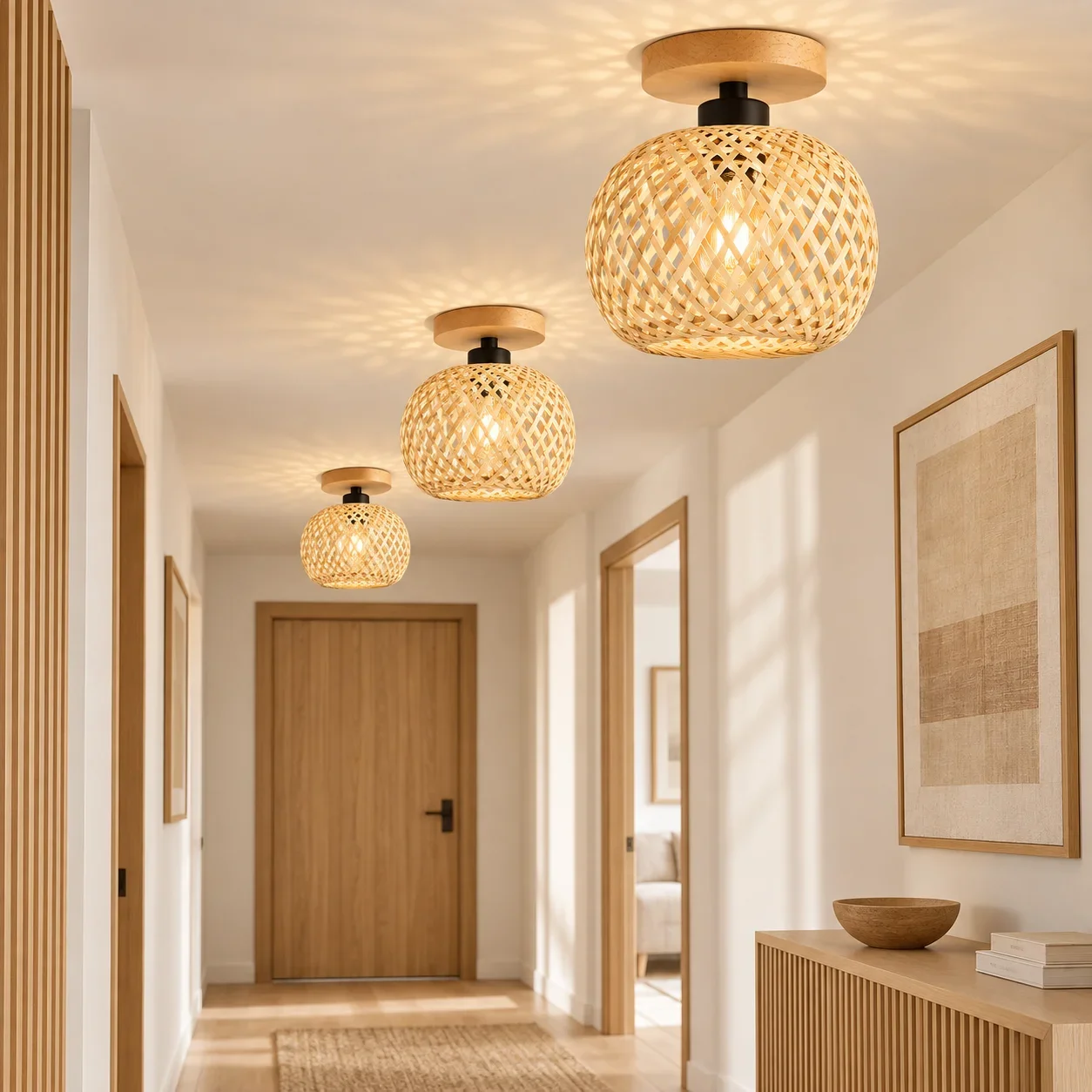 JOYINLED French Country Handwoven Rattan Weave Close to Ceiling Light Fixture for Hallway, Study, Stairway, Bedroom, Ultra Thin