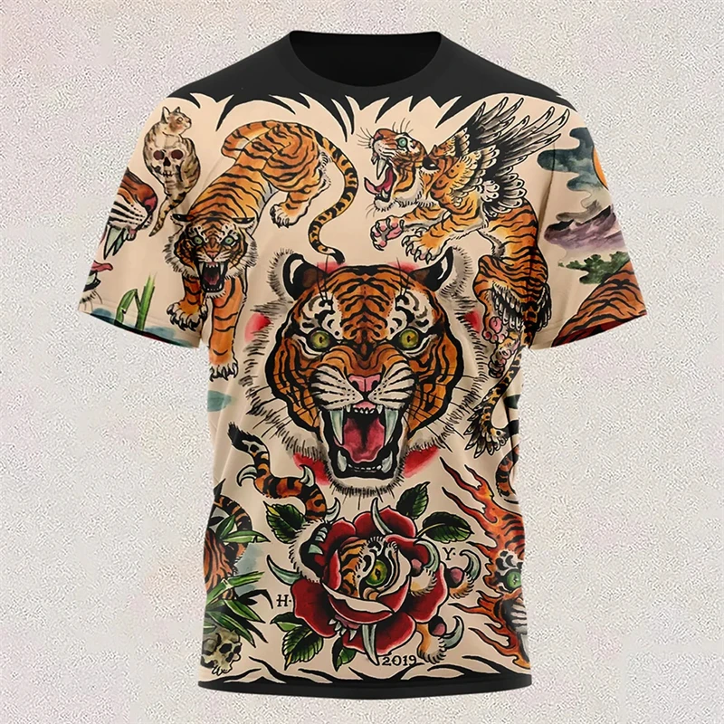 Fashion Colorful Tiger Pattern 3D Print Men's Short Sleeved T-shirt Daily Casual Breathable  Oversize Crew Neck Pullover Clothes