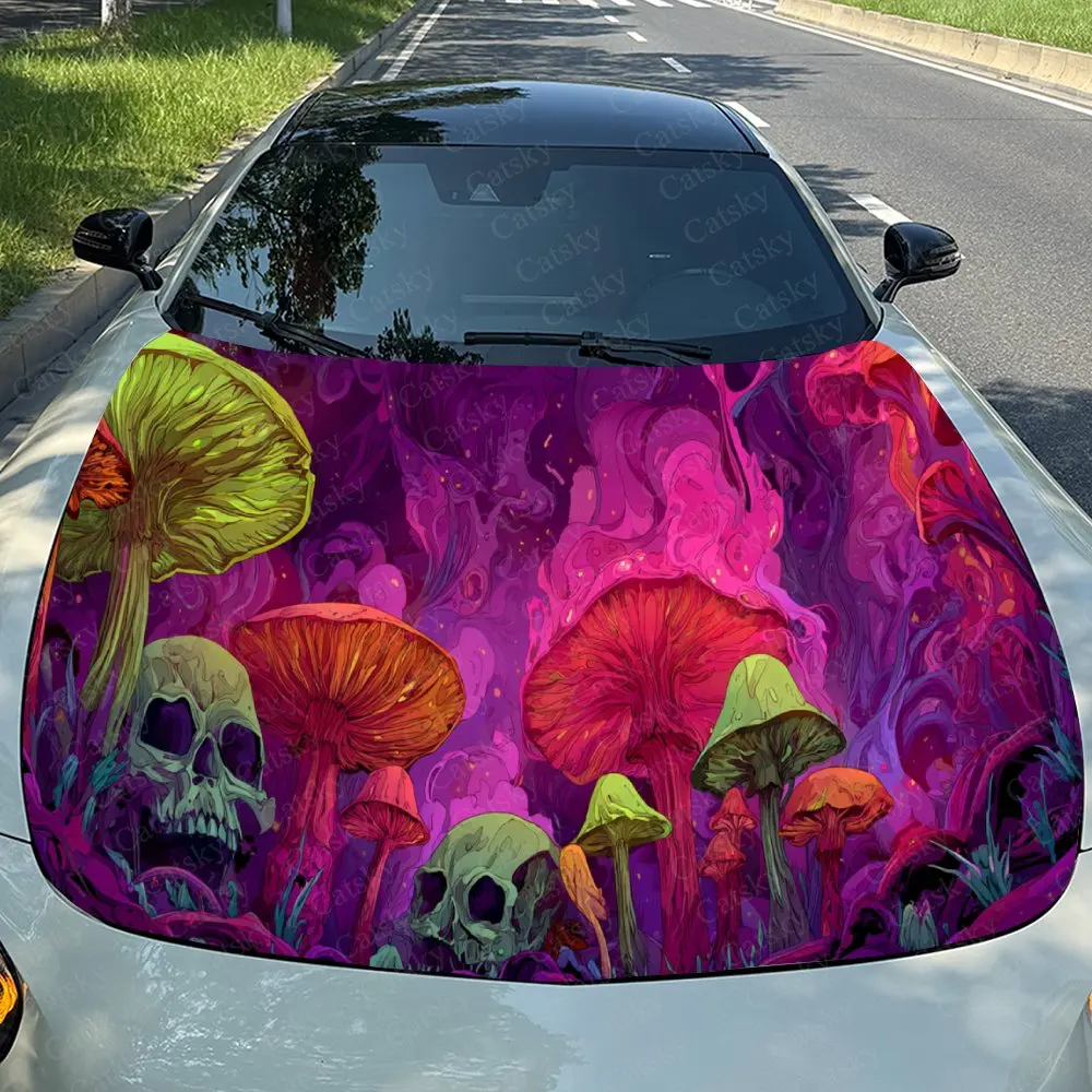 

Thrilling Pink Mushroom Skull Car Hood Stickers - Self-Adhesive, Waterproof and Durable Vinyl Wrap, Decorate And Protect Your Ca
