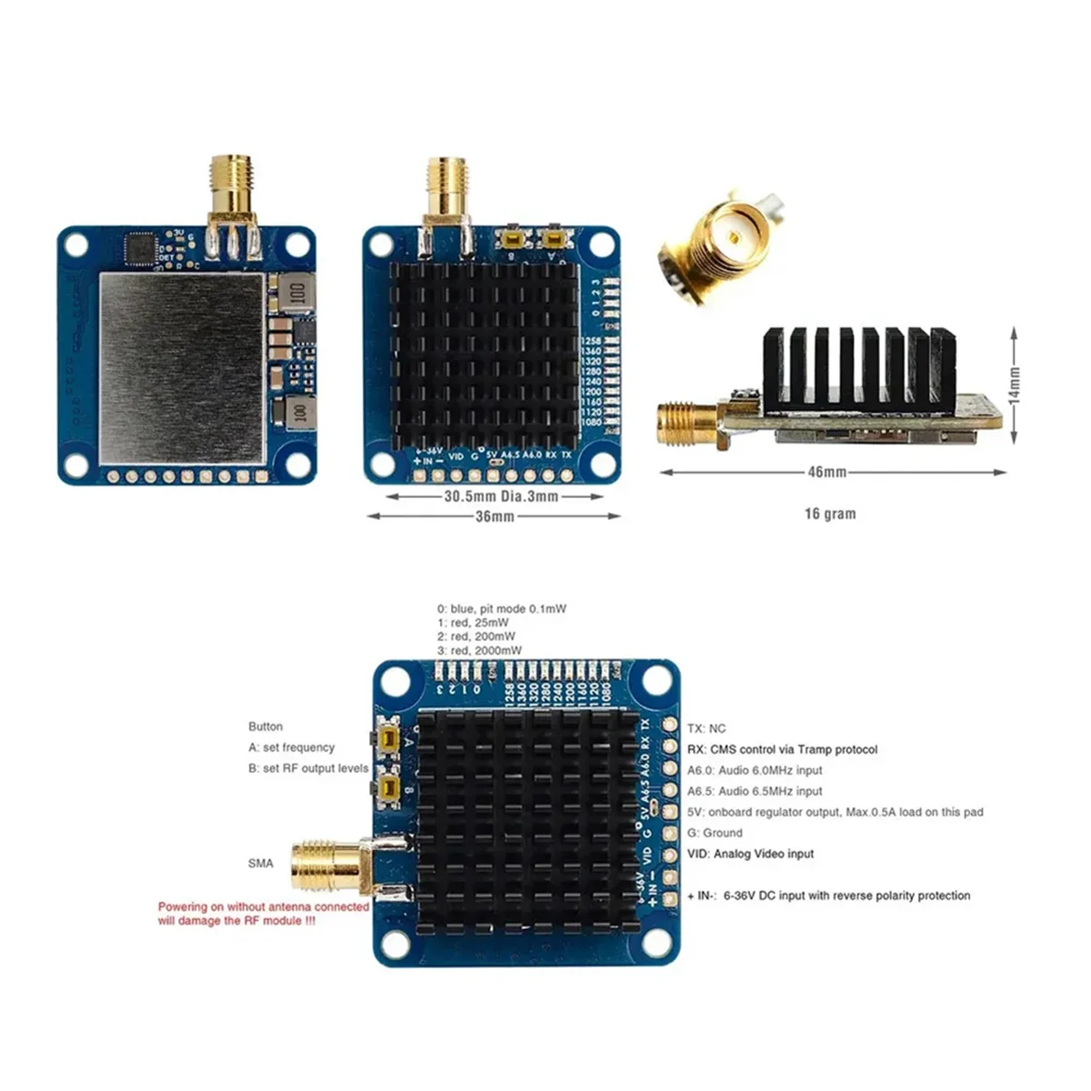 Trasmettitore Video VTX 1.2GHz 1.3GHz 2W VTX-1G3TE 2000mW 9 canali con controllo Tramp VTX per droni FPV a lungo raggio