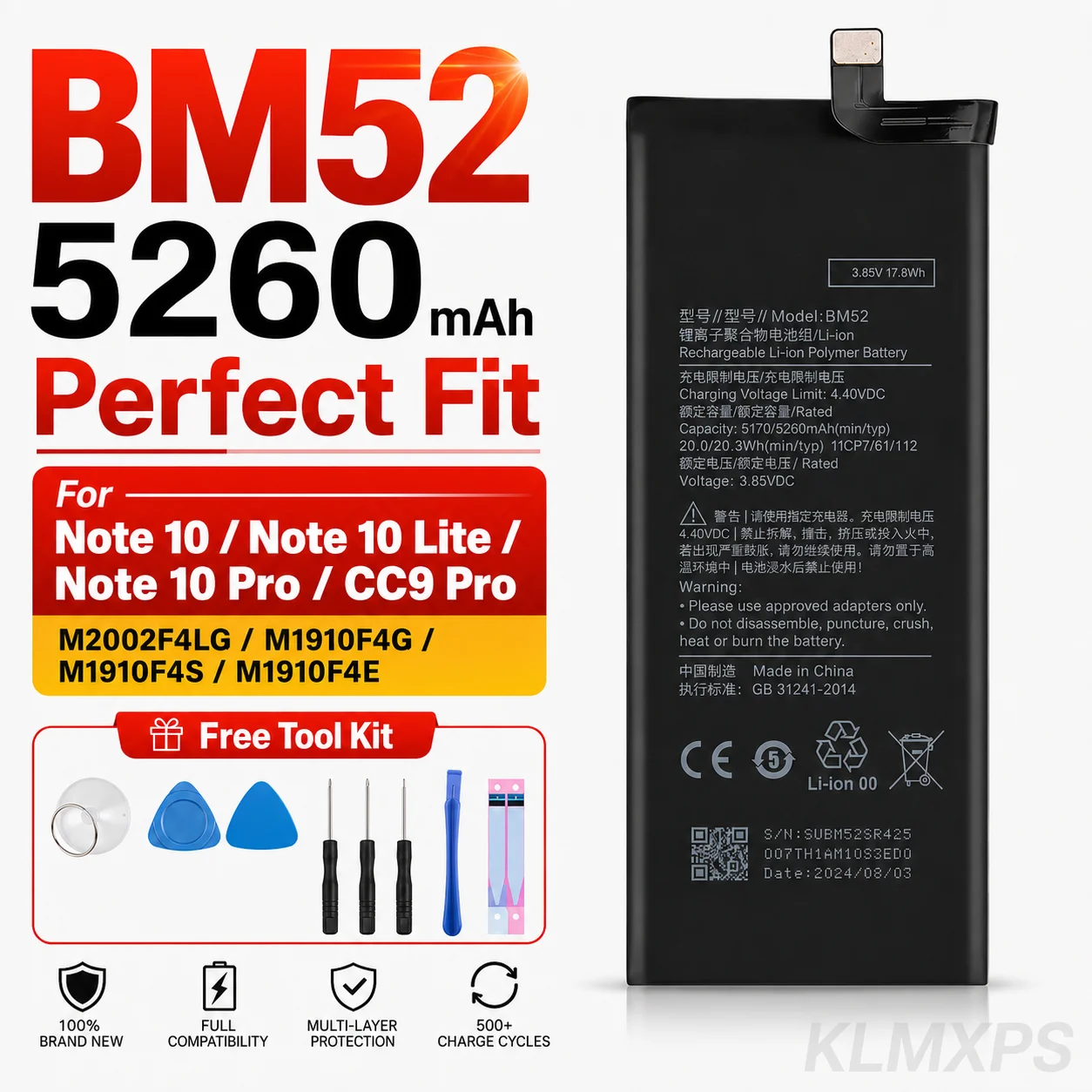Premium Replacement Battery BM52 5260mAh For Xiaomi Mi Note 10 Lite Note 10 Pro CC9 Pro Phone Repair Battery With Tool Kit