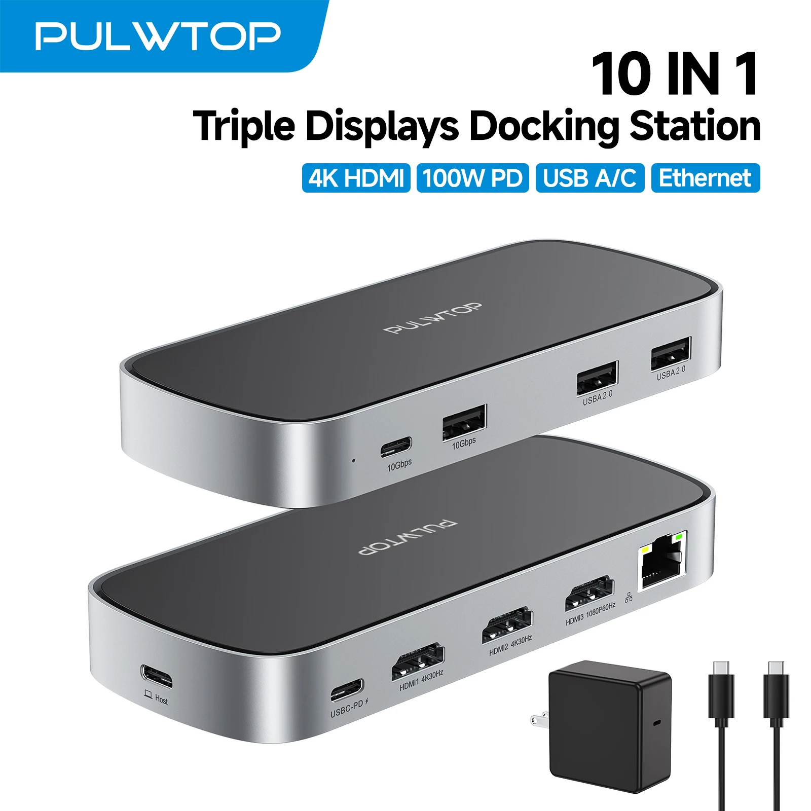 

Док-станция PULWTOP USB C с двойным монитором, 3 HDMI, Ethernet, USB C/A 10 Гбит/с, PD для MacBook; Адаптер Windows (60 Вт в комплекте)