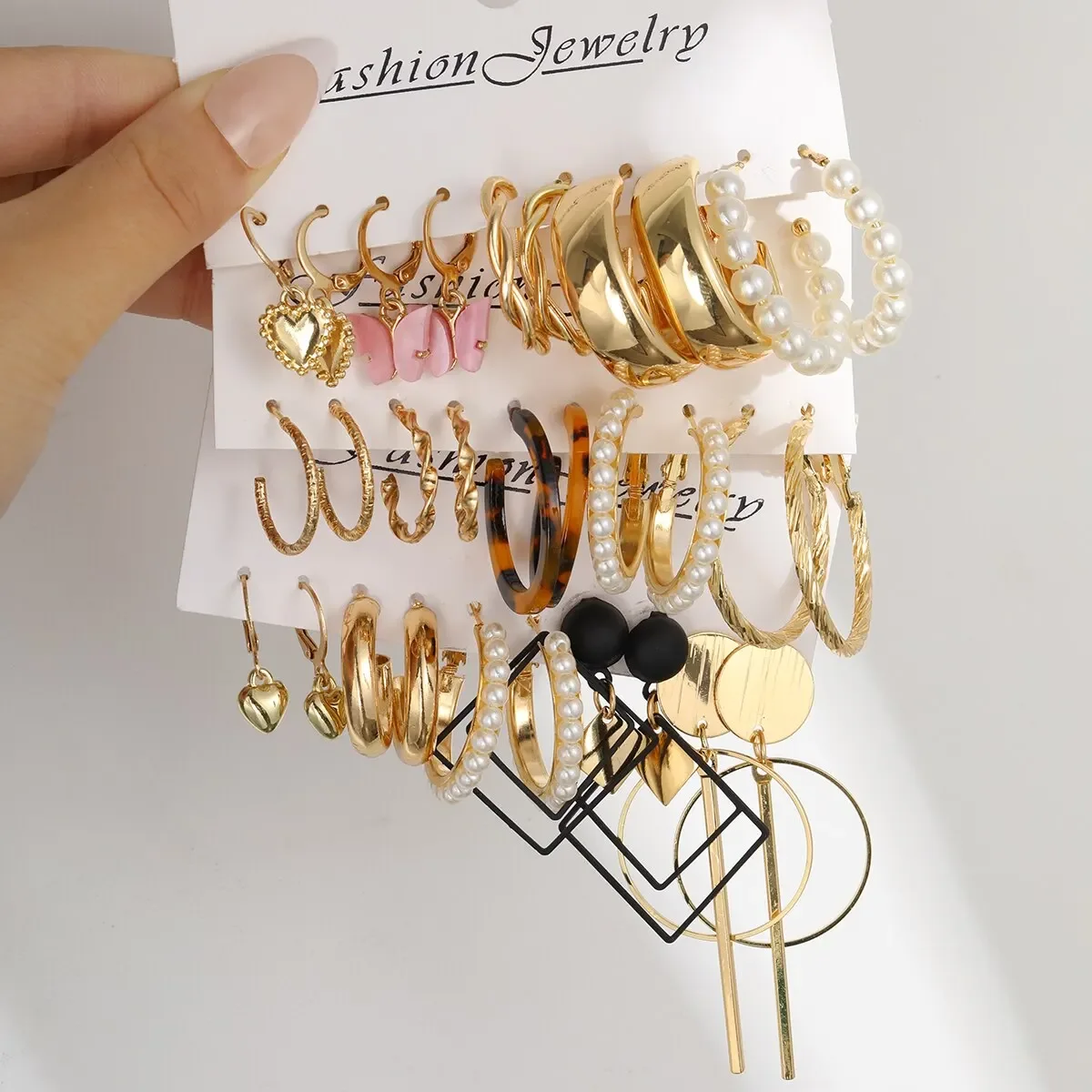 15 Pcs Gold Color Geometric Pearl Earrings Set Boho Vintage Pink Butterfly  Leopard Print Hoop Earrings Jewelry Gifts 2024 New