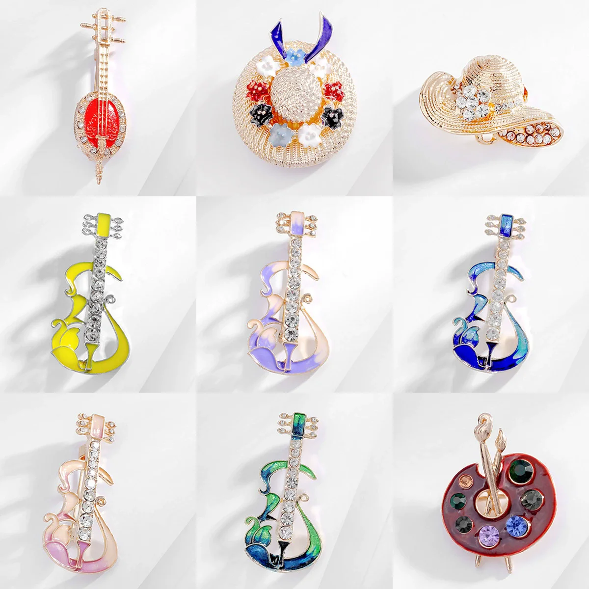 Rhinestone Music Guitar Brooches for Women Unisex Shell Musical Instrument Pins Office Party Friend Gifts Jewelry Accessories