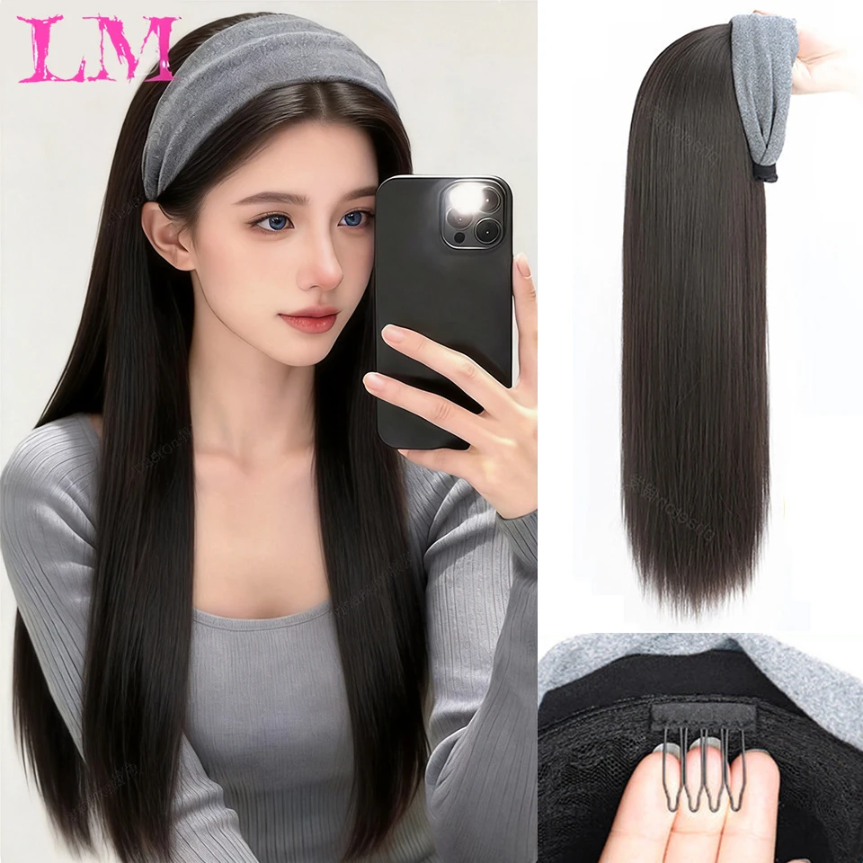LM Synthetic Headband Wig Synthetic Hair Long Straight Brown Gloden Highlight Glueless Wigs for Black Women Machine Made Women's