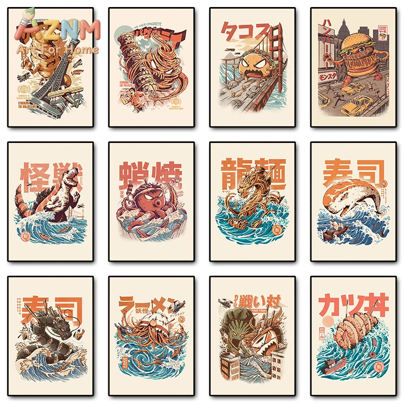 Pósteres japoneses de Kaijus, comida, Sushi, Ramen, Burgerzilla, pintura en lienzo, arte de pared divertido Vintage para decoración del hogar y la cocina