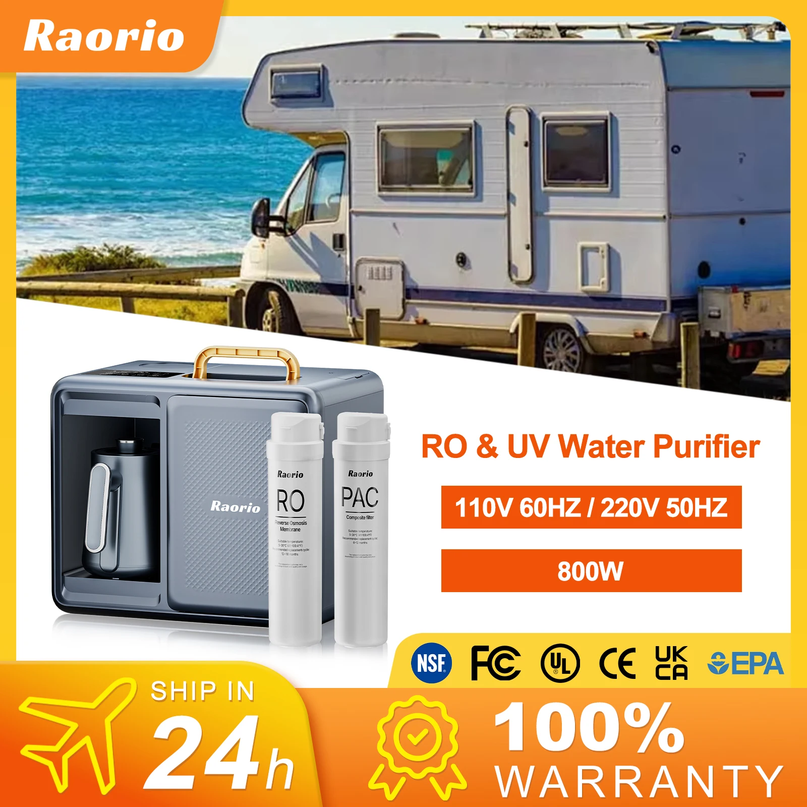 Raorio Water Drinking Machine Setting Heating Temp Reverse Osmosis Water Purifier For RV/Truck Shipped with 2 Filter Cartridges
