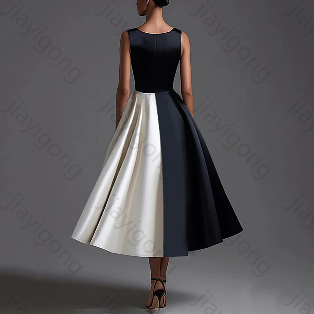 Schwarz-weiße, ärmellose, U-Boot-Ausschnitt, A-Linie, lange schwarze Abendkleider, exquisite, hochwertige Abschlussball-Party-Kleider für Frauen, individuell gestaltet – Detail 4