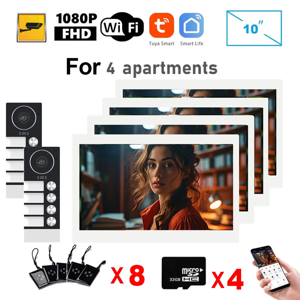 TUYA WiFi Video Doorphone Building Intercom Kits Multi-family Doorbell 10Inch 1080P Touch Screen Monitor APP/Card Unlock