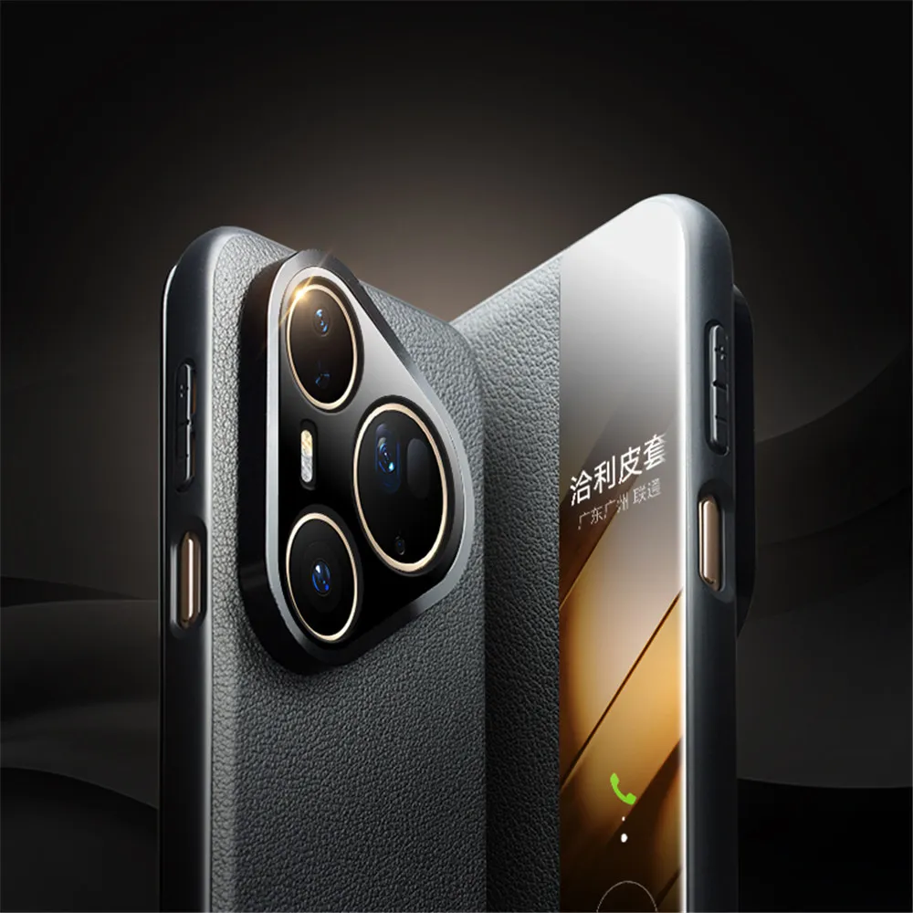 Genuine Cowhide Leather Magnetic Flip Case for Huawei Pura 80 Ultra 80 Pro Window View Full Cover
