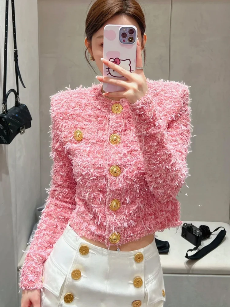 

Роскошное издание Парижская женская одежда Jaet Heavy Weave Tweed Sweet Pink Bouclé ort Верхняя одежда Весенний сезон Faion