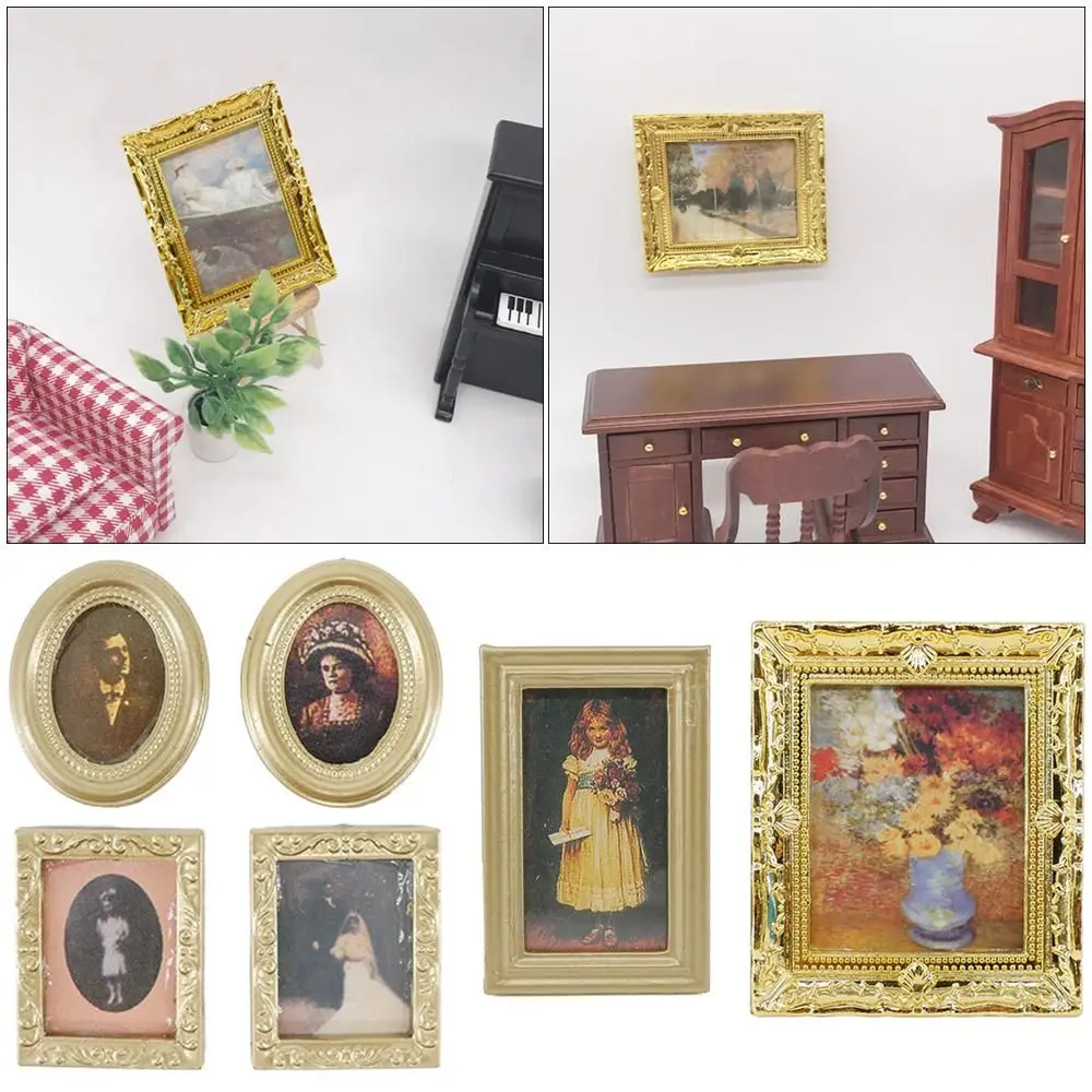 Retro Playing House Dollhouse Ornament Vintage Framed Photos Miniature Oil Painting 1:12 Scale Mini Picture