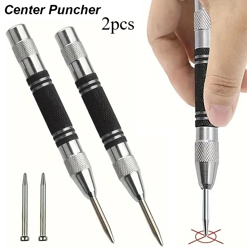 2PCS Auto Center Puncher Hole Marker Wood Metal Steel Spring Load Kerner Drill Locator Heavy Duty Punch Carpentry Automatic Hand