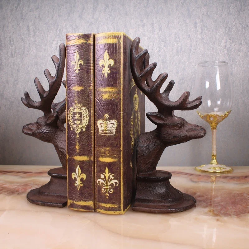 Dark Brown Reindeer Head Cast Iron Bookends Heavy Duty Vintage Shelf Decorative Organizer 2 Pack Home Metal Animal Sculptural