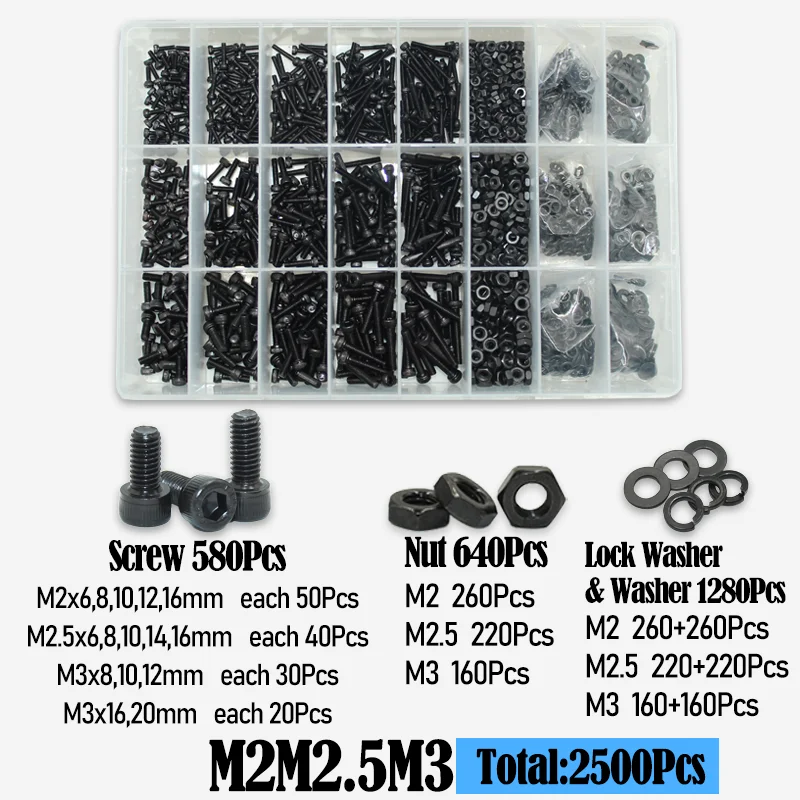 2500P 12.9 Grade Hex Socket Screws Set M2-M6 2500p ブラック